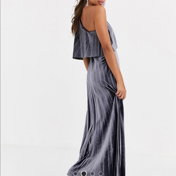 ASOS DESIGN One Shoulder Pleated Velvet Gray Silver Maxi Dress Size 4 - Picture 2 of 7